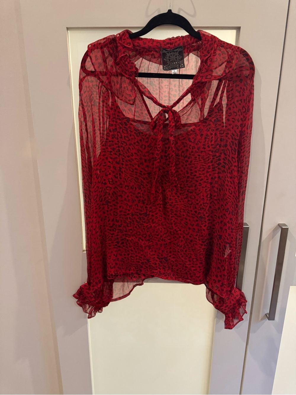 Johnny Was Shear Red Animal Print Tie-Neck Blouse -  Women Tops